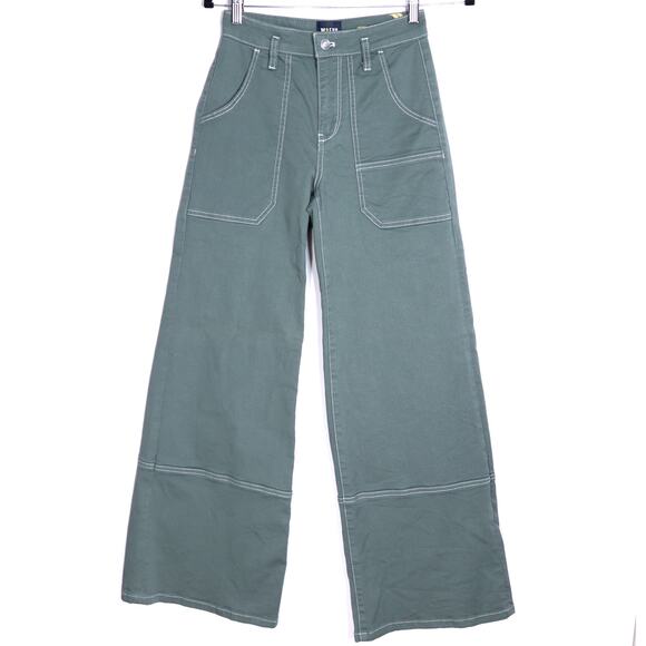 MAEVE Contrast Stitch Wide Leg Pants Mute Green High Rise Casual Women's 24 - Picture 1 of 9